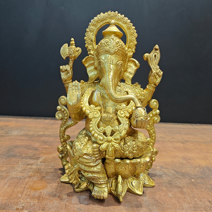 Brass Ganpati Idol Sitting On Lotus Base 12.5 Inch