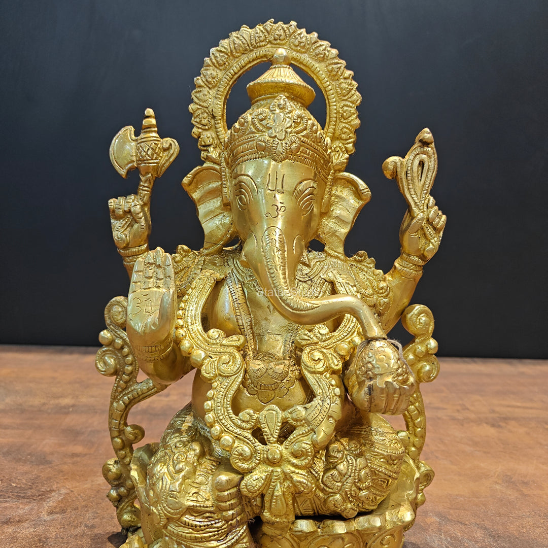 Brass Ganpati Idol Sitting On Lotus Base 12.5 Inch