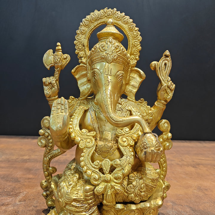 Brass Ganpati Idol Sitting On Lotus Base 12.5 Inch