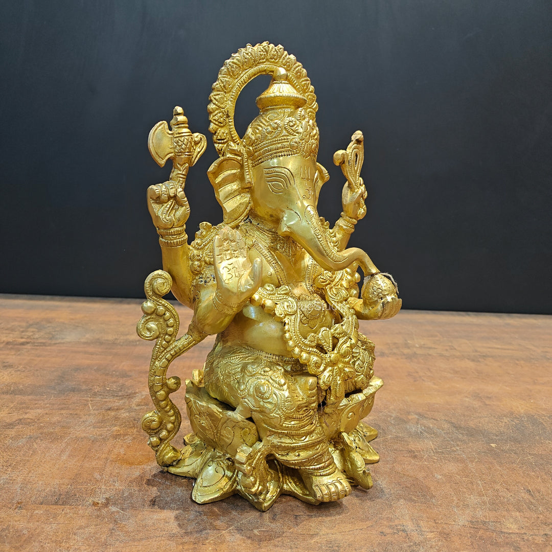 Brass Ganpati Idol Sitting On Lotus Base 12.5 Inch