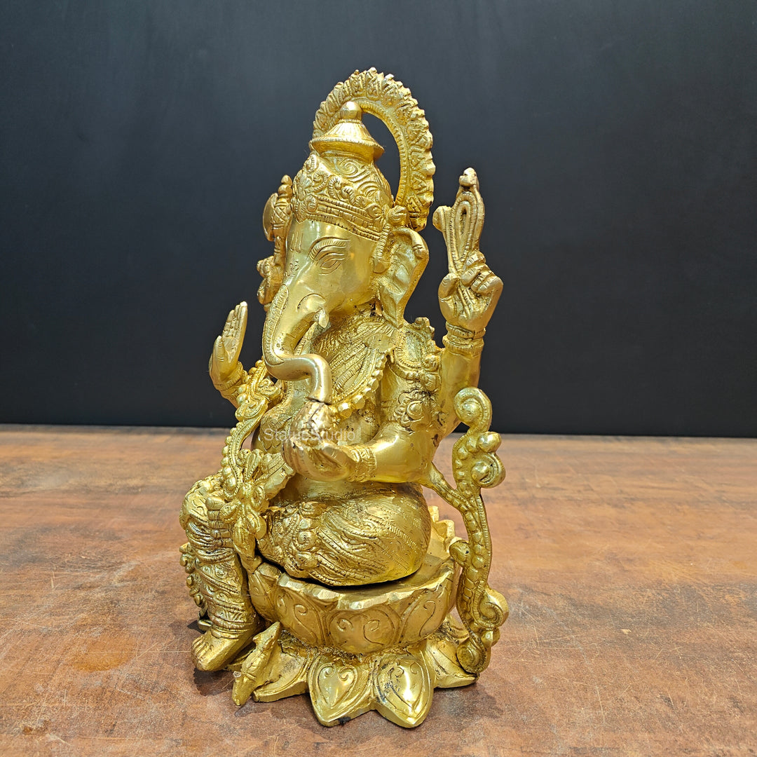 Brass Ganpati Idol Sitting On Lotus Base 12.5 Inch