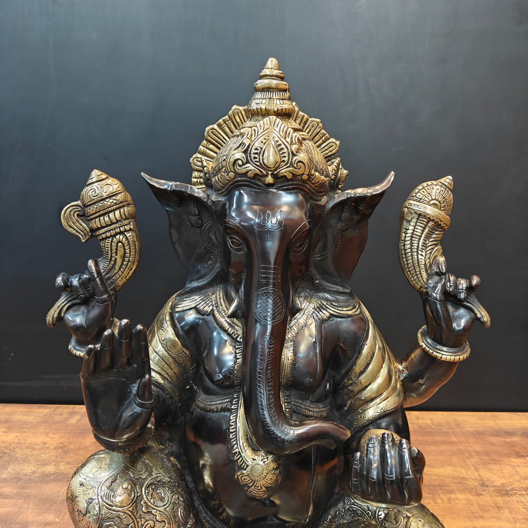 Brass Ganesha Statue Seated On Base Black Patina Finish 21 Inch