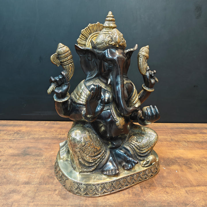 Brass Ganesha Statue Seated On Base Black Patina Finish 21 Inch