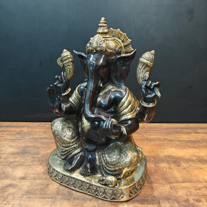 Brass Ganesha Statue Seated On Base Black Patina Finish 21 Inch