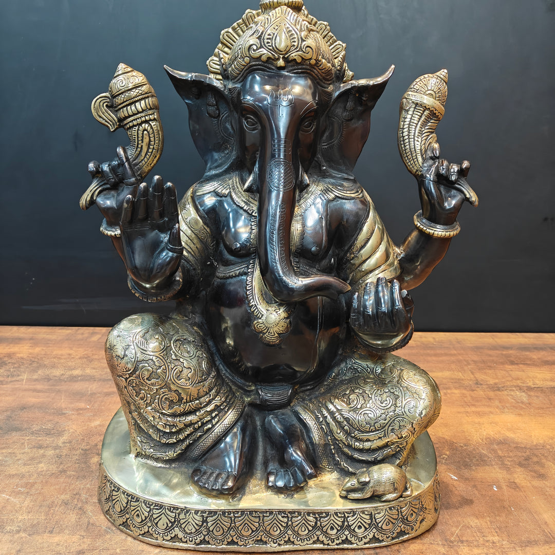 Brass Ganesha Statue Seated On Base Black Patina Finish 21 Inch