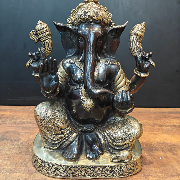 Brass Ganesha Statue Seated On Base Black Patina Finish 21 Inch