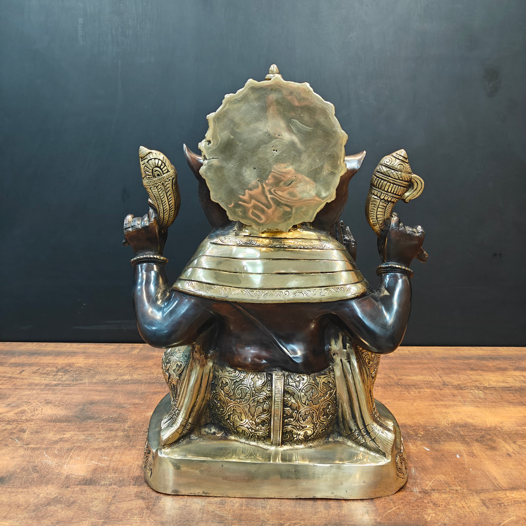 Brass Ganesha Statue Seated On Base Black Patina Finish 21 Inch