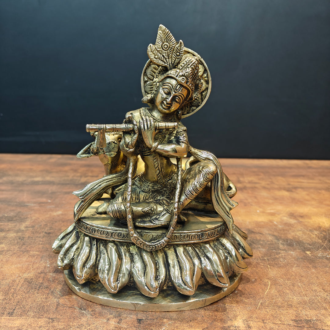 Brass Krishna Idol Seated With Cow On Pedestal 9 Inch
