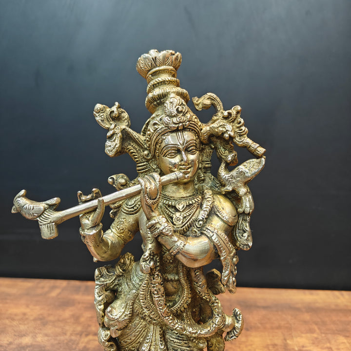 Brass Krishna Idol Playing Flute On Pedastal 14 Inch