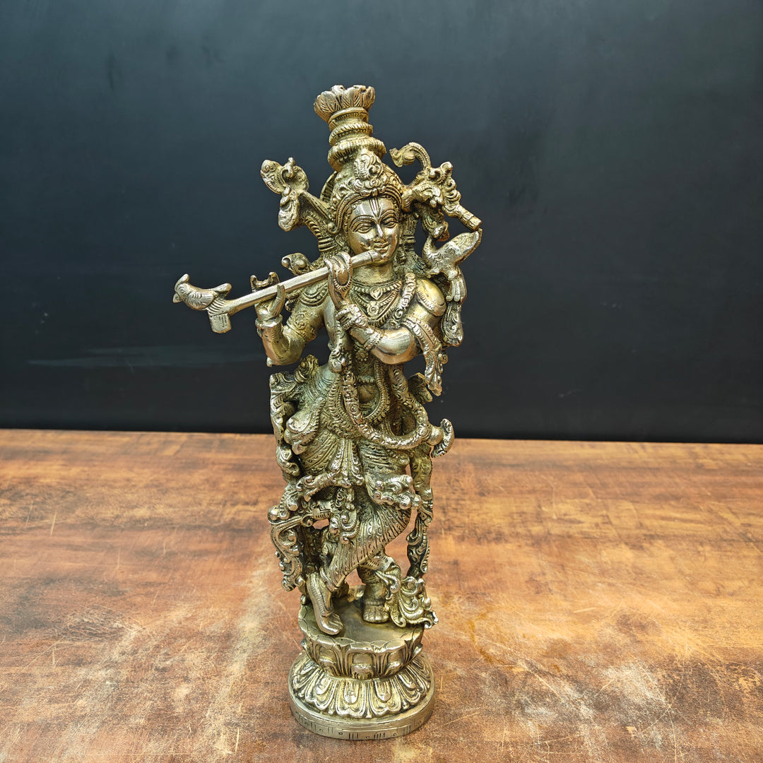 Brass Krishna Idol Playing Flute On Pedastal 14 Inch