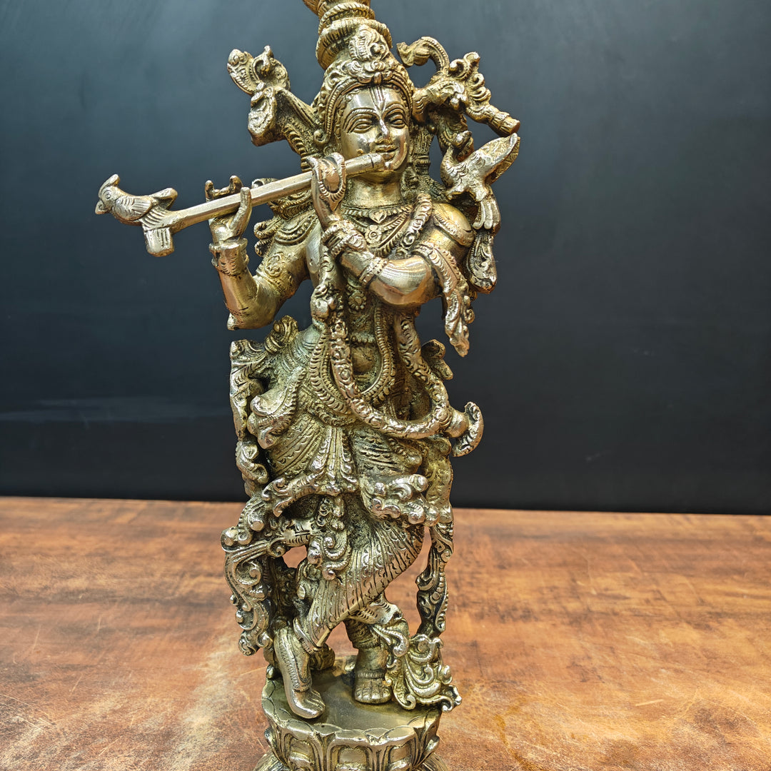 Brass Krishna Idol Playing Flute On Pedastal 14 Inch