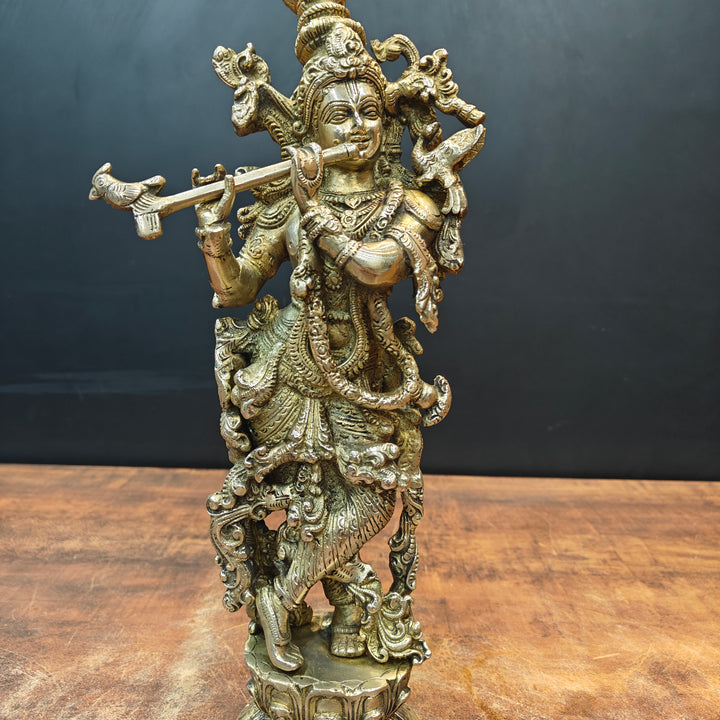 Brass Krishna Idol Playing Flute On Pedastal 14 Inch