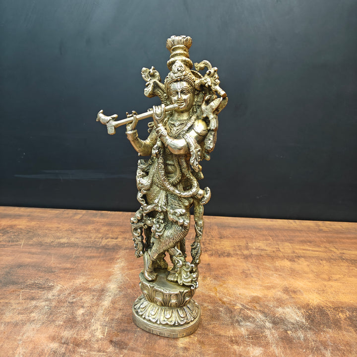 Brass Krishna Idol Playing Flute On Pedastal 14 Inch