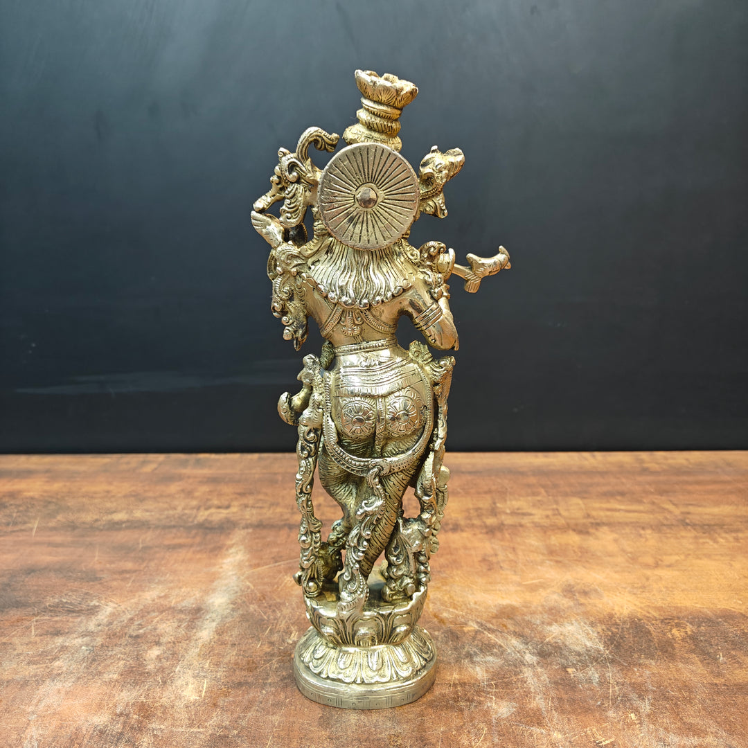 Brass Krishna Idol Playing Flute On Pedastal 14 Inch