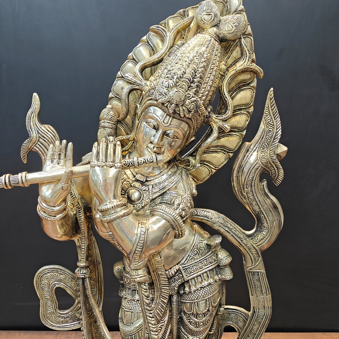 Brass Large Krishna Statue Playing Flute On Pedestal 3 Feet