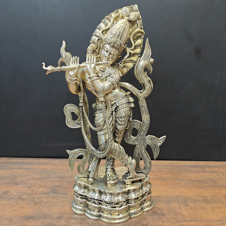 Brass Large Krishna Statue Playing Flute On Pedestal 3 Feet