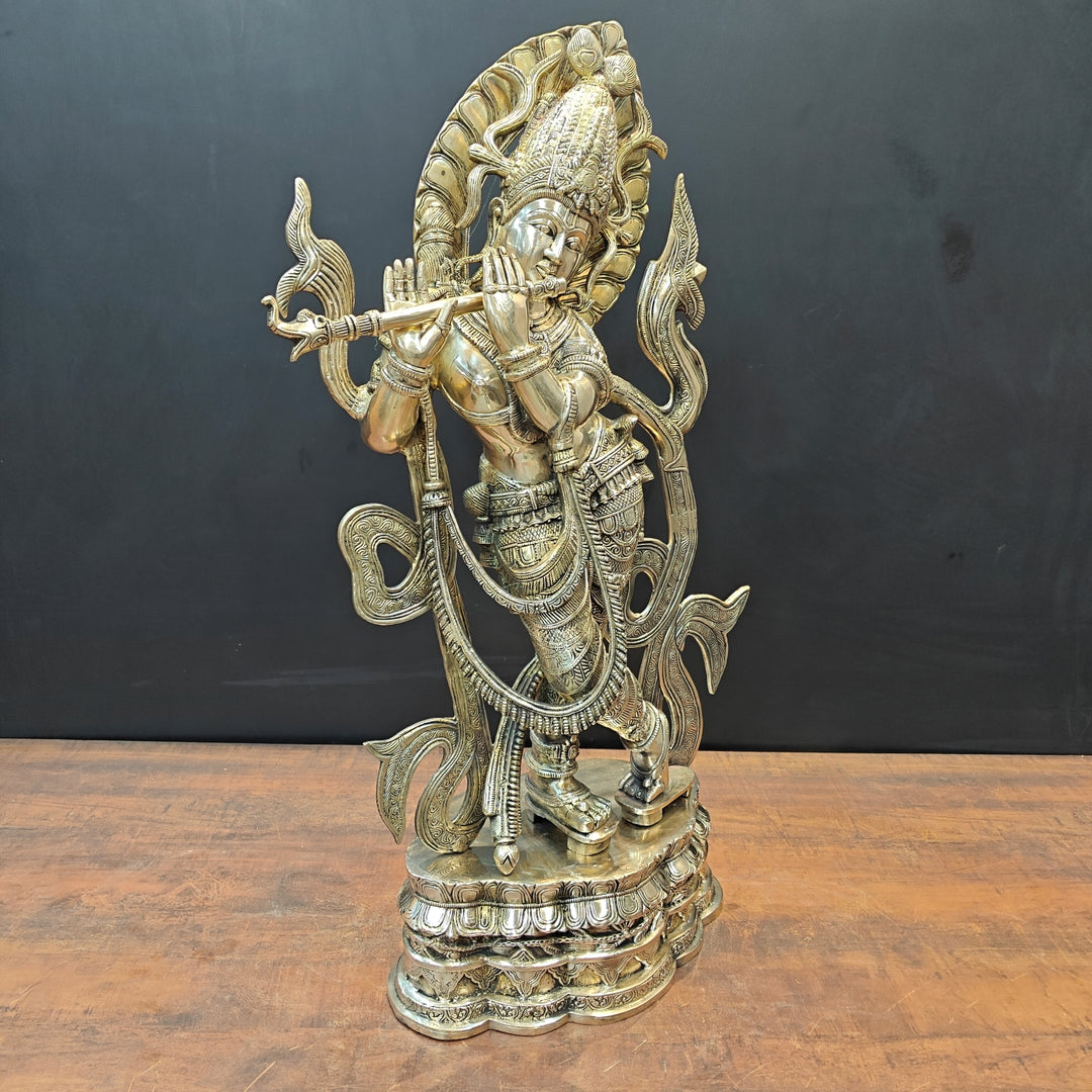Brass Large Krishna Statue Playing Flute On Pedestal 3 Feet