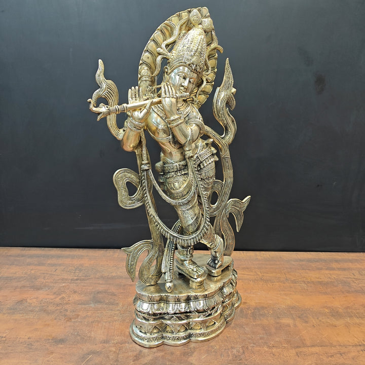 Brass Large Krishna Statue Playing Flute On Pedestal 3 Feet