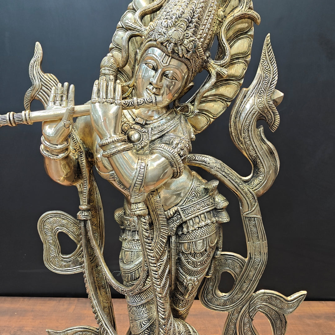 Brass Large Krishna Statue Playing Flute On Pedestal 3 Feet