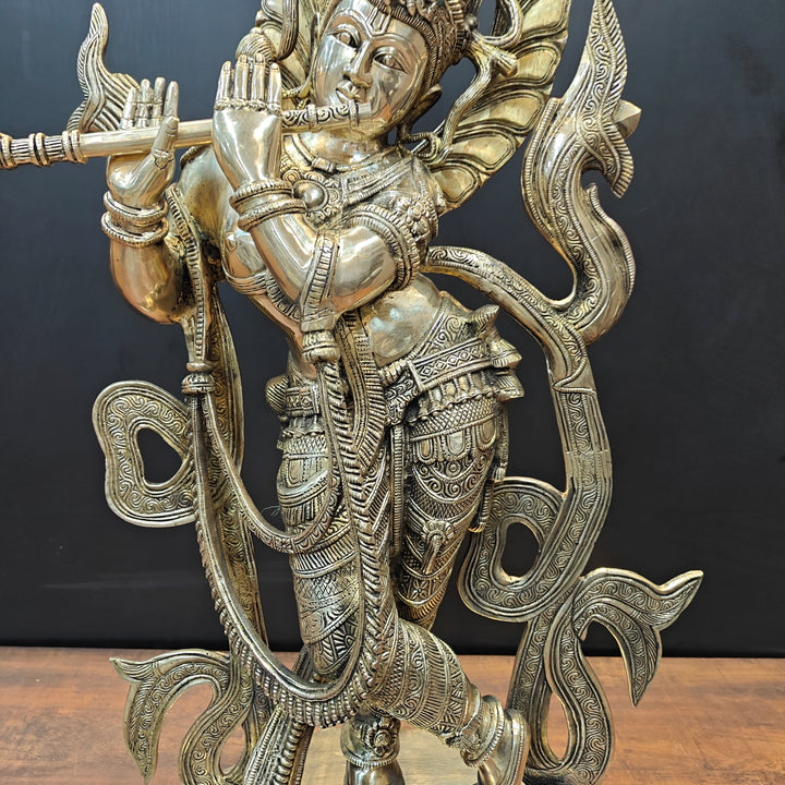 Brass Large Krishna Statue Playing Flute On Pedestal 3 Feet
