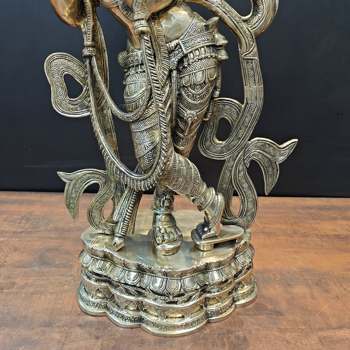 Brass Large Krishna Statue Playing Flute On Pedestal 3 Feet