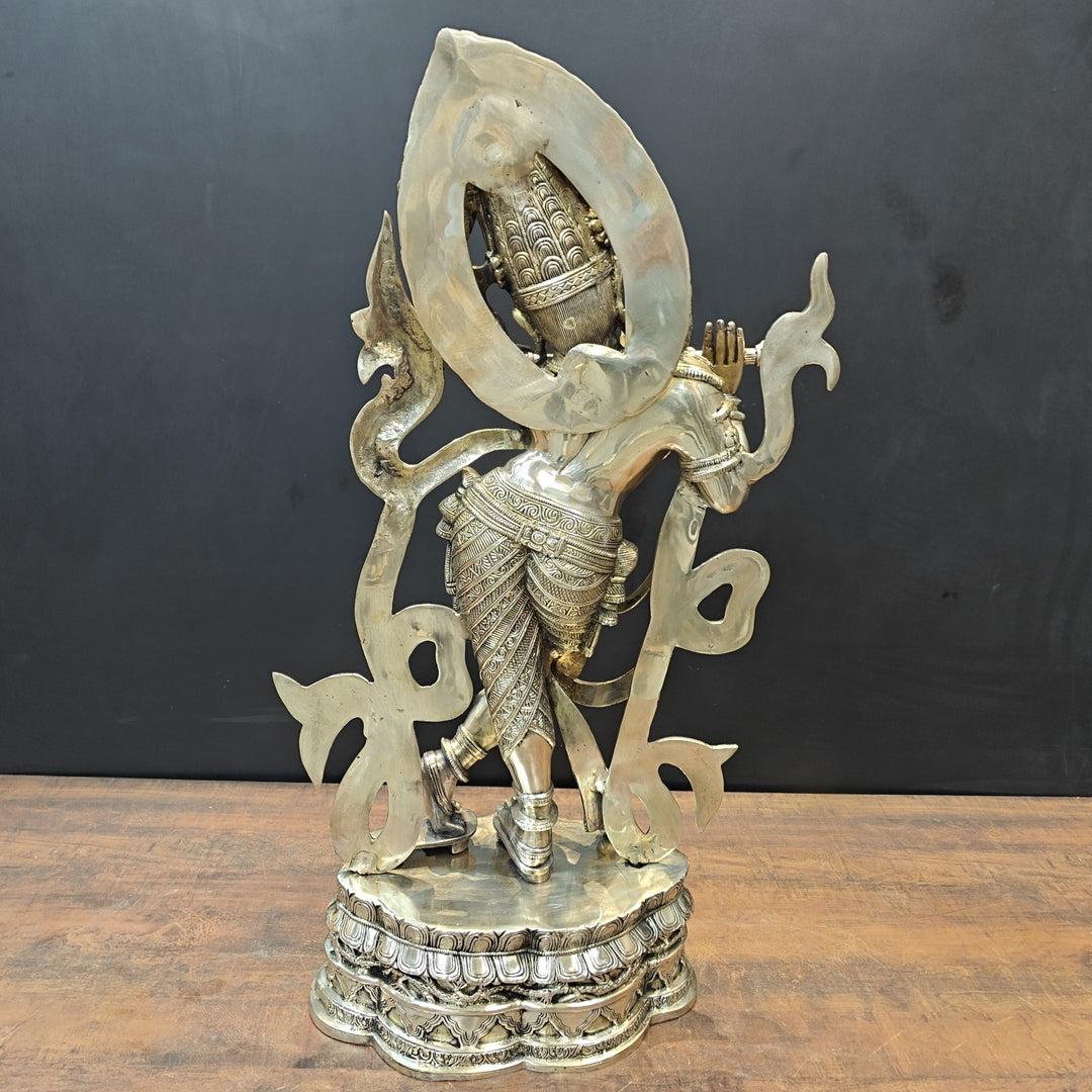 Brass Large Krishna Statue Playing Flute On Pedestal 3 Feet
