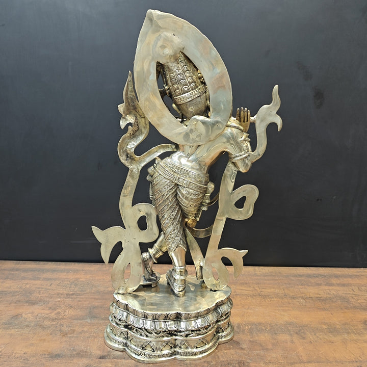 Brass Large Krishna Statue Playing Flute On Pedestal 3 Feet