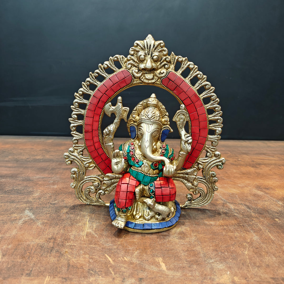 Brass Ganesha Statue with Prabhavali Stone Work 9 Inch