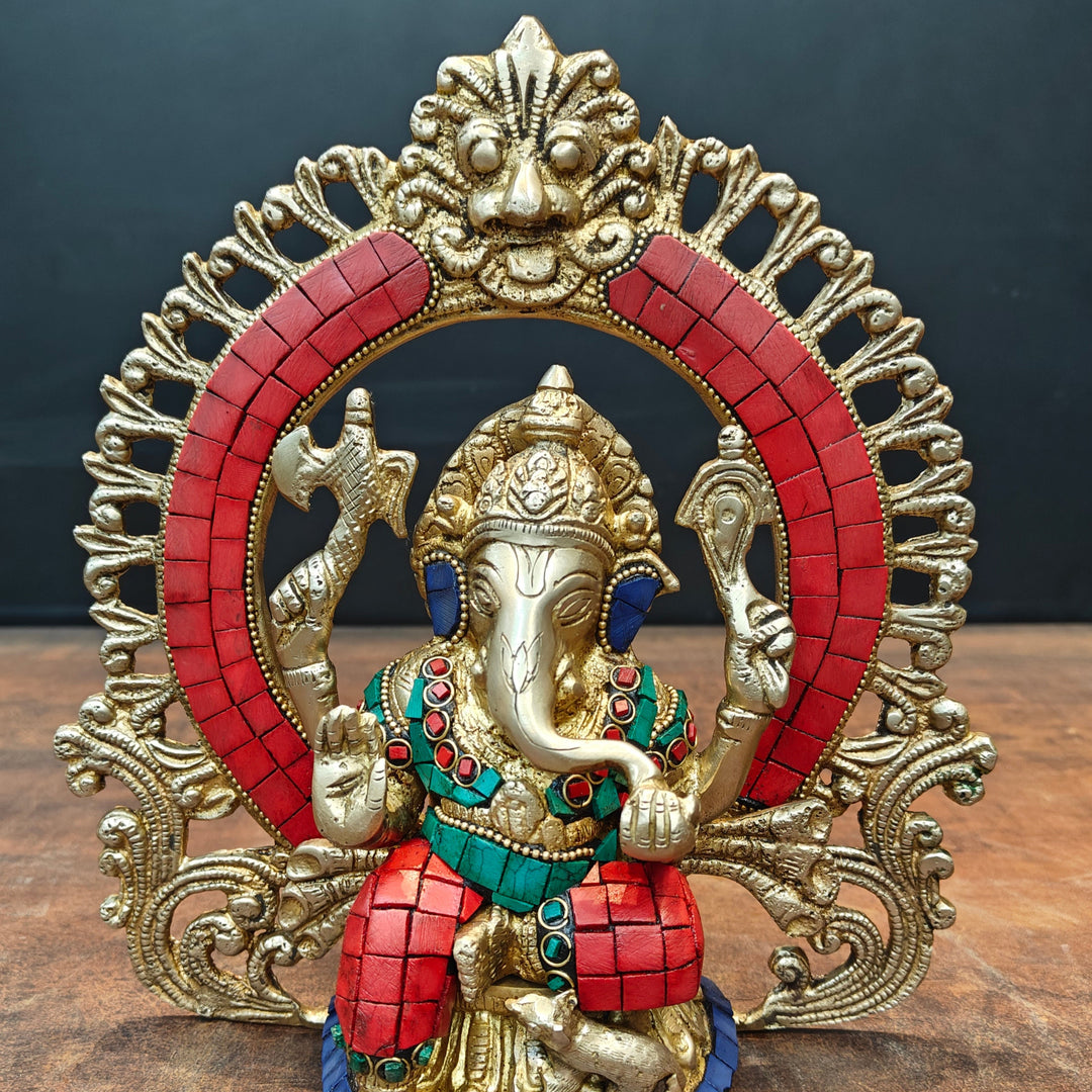 Brass Ganesha Statue with Prabhavali Stone Work 9 Inch
