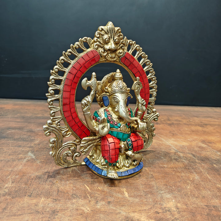 Brass Ganesha Statue with Prabhavali Stone Work 9 Inch