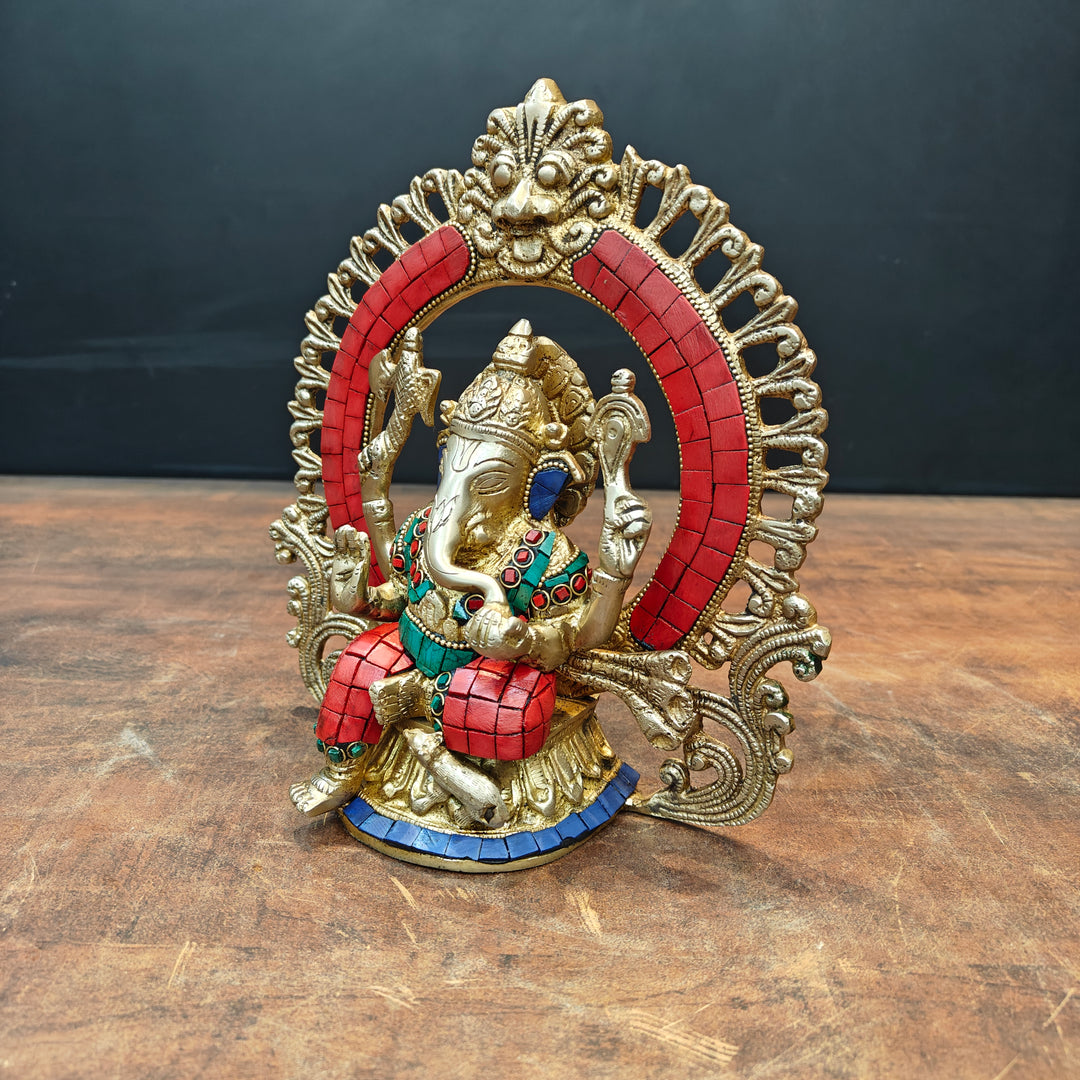 Brass Ganesha Statue with Prabhavali Stone Work 9 Inch