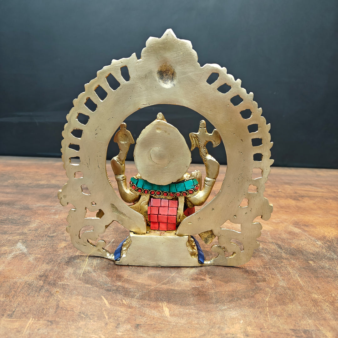 Brass Ganesha Statue with Prabhavali Stone Work 9 Inch