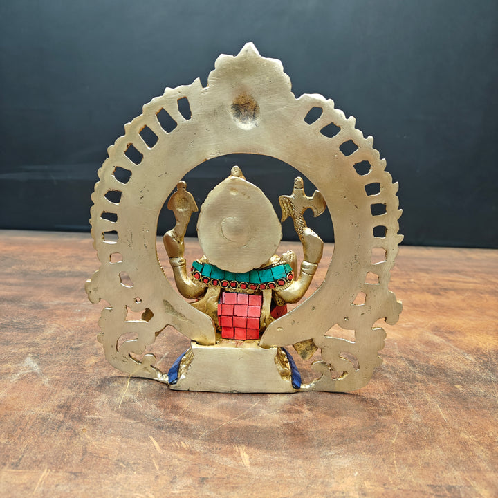 Brass Ganesha Statue with Prabhavali Stone Work 9 Inch