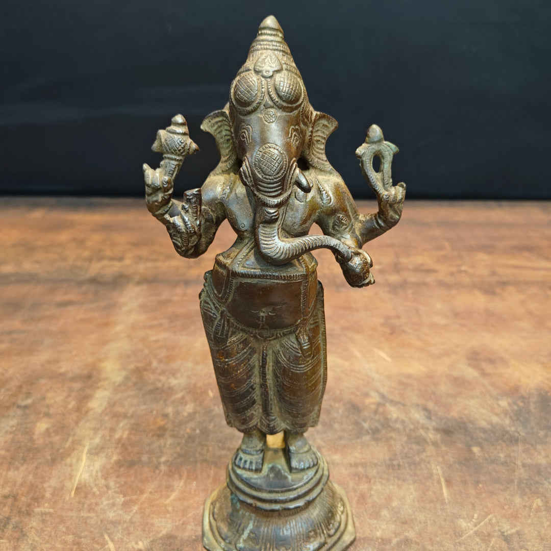 Brass Standing Ganesha Idol Antique Patina Finish 10 Inch