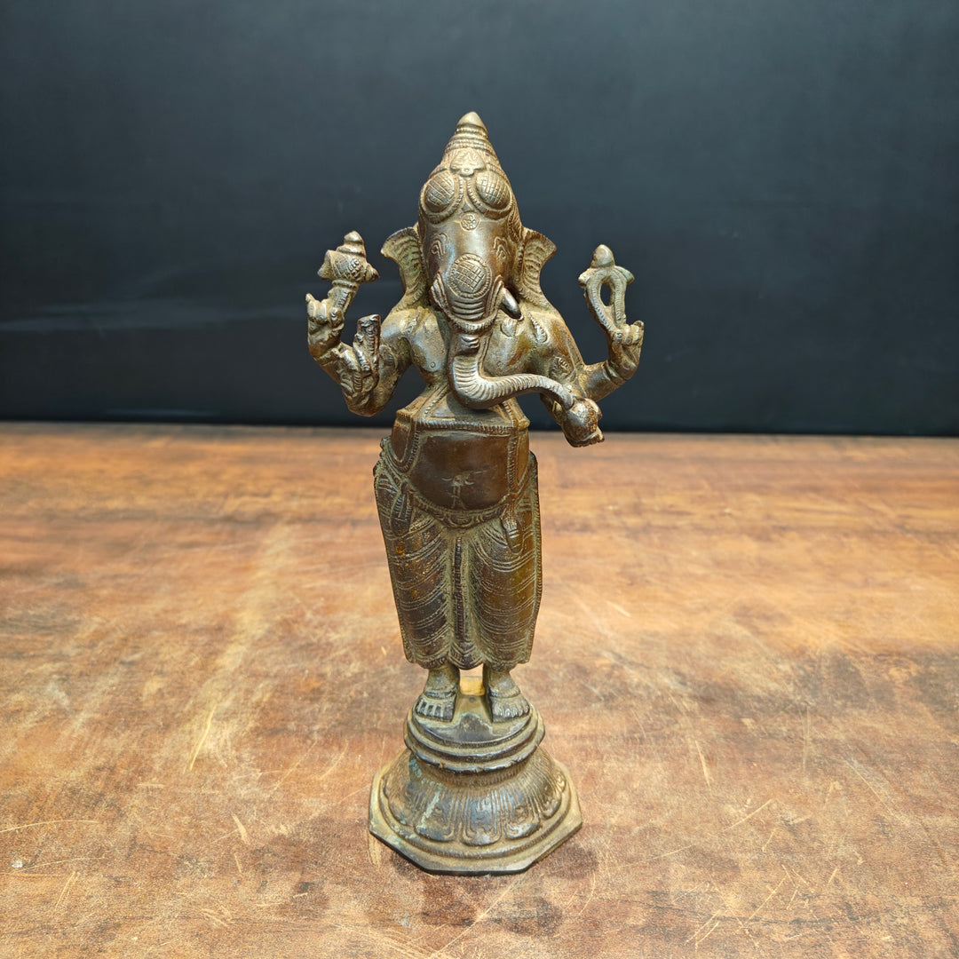 Brass Standing Ganesha Idol Antique Patina Finish 10 Inch