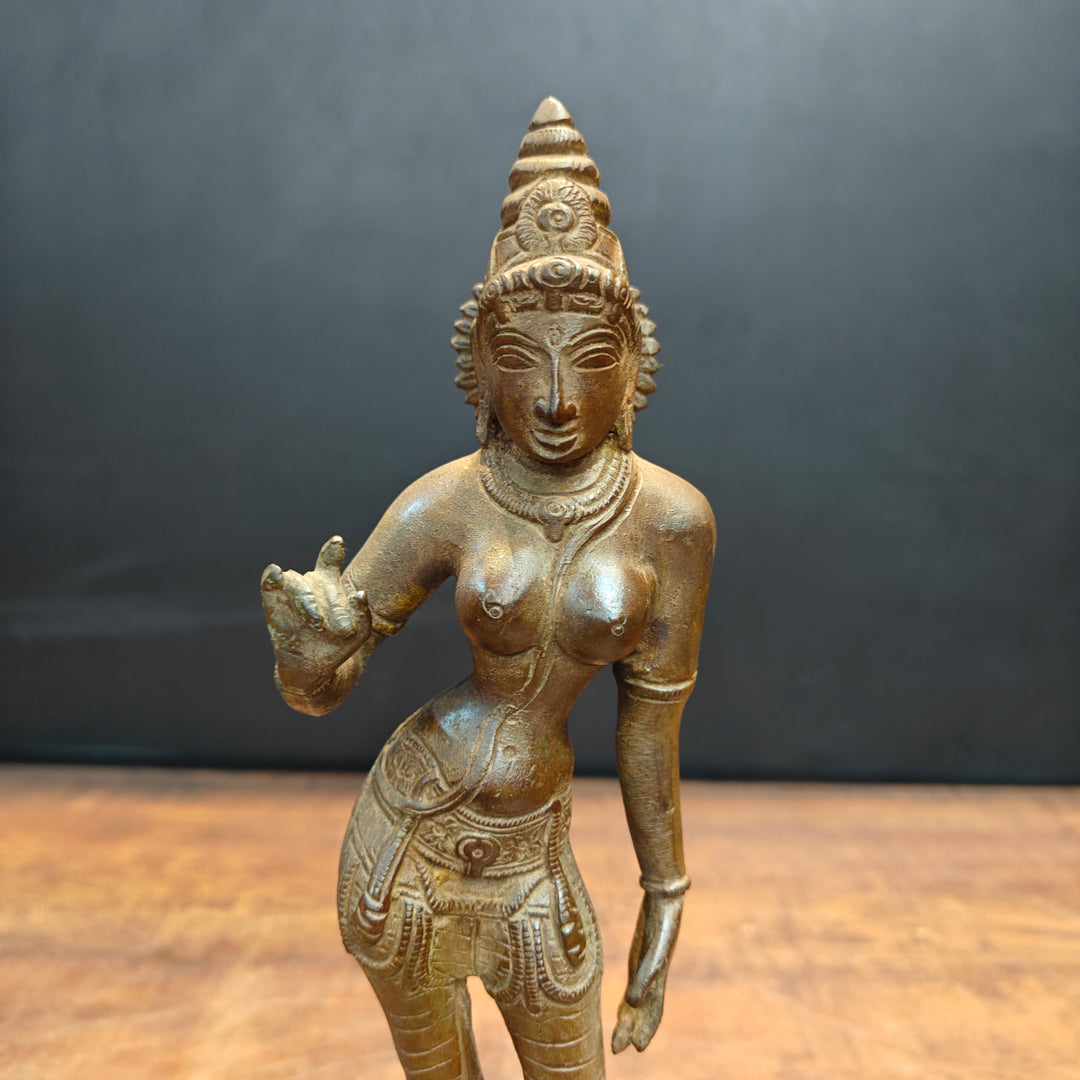 Brass Standing Parvati Statue Antique Patina Finish 12 Inch