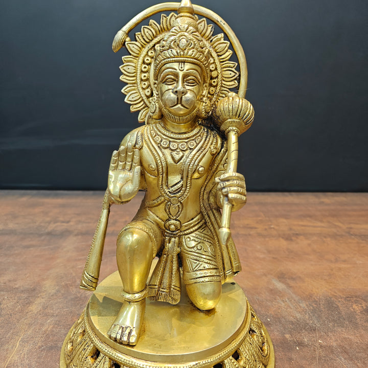 Brass Blessing Hanuman Idol Sitting On Base 11 Inch