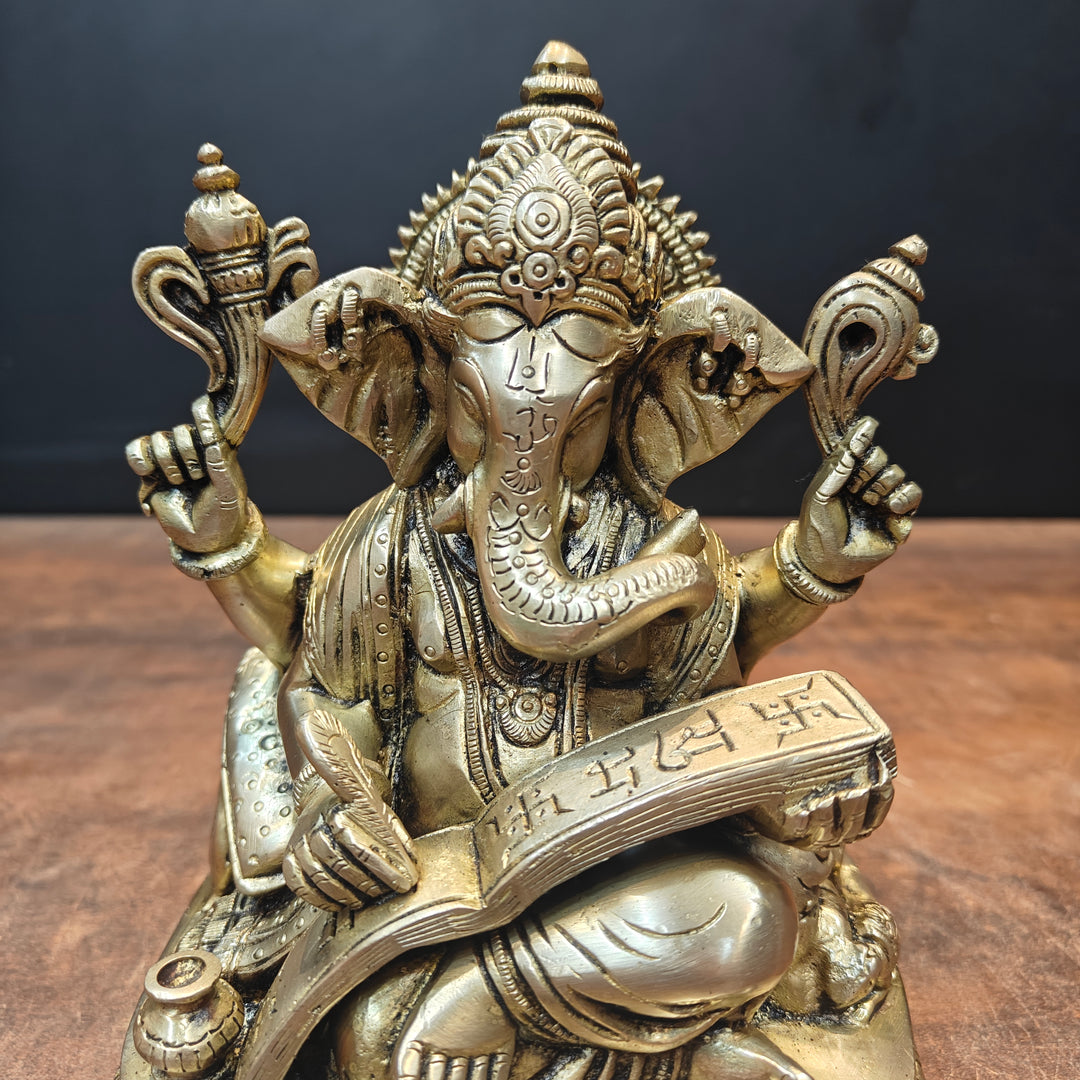 Brass Lord Ganesha Statue Writing Mahabharata 8 Inch