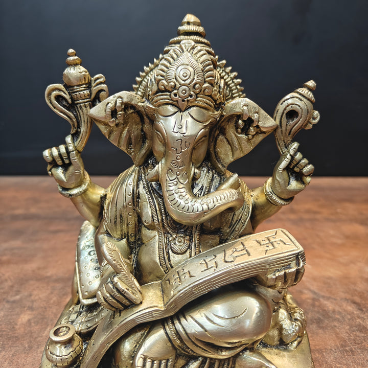 Brass Lord Ganesha Statue Writing Mahabharata 8 Inch