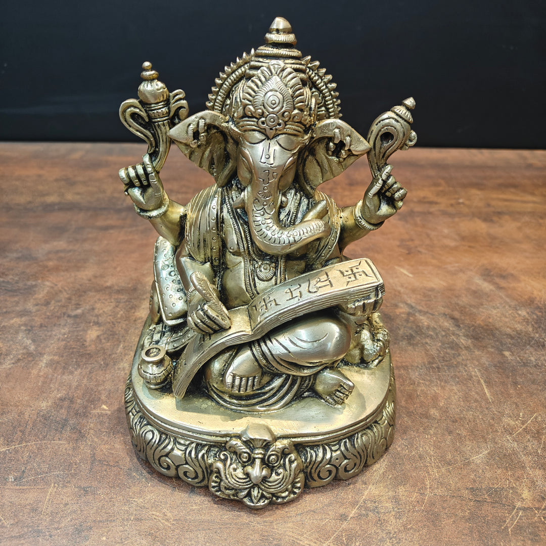Brass Lord Ganesha Statue Writing Mahabharata 8 Inch