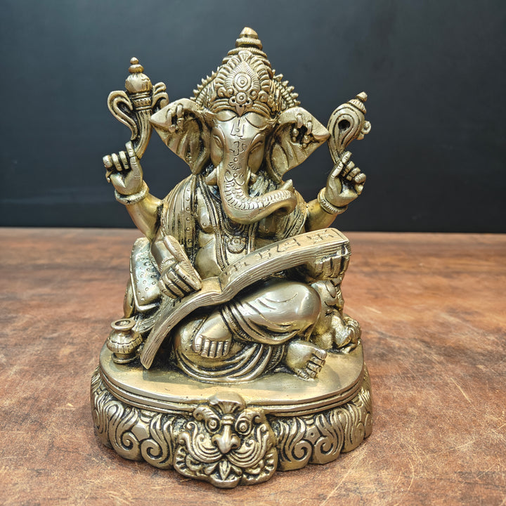 Brass Lord Ganesha Statue Writing Mahabharata 8 Inch