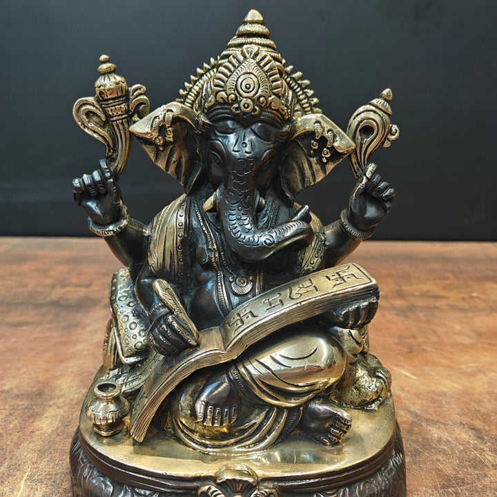 Brass Lord Ganesha Statue Writing Mahabharata Black Gold Finish 8 Inch