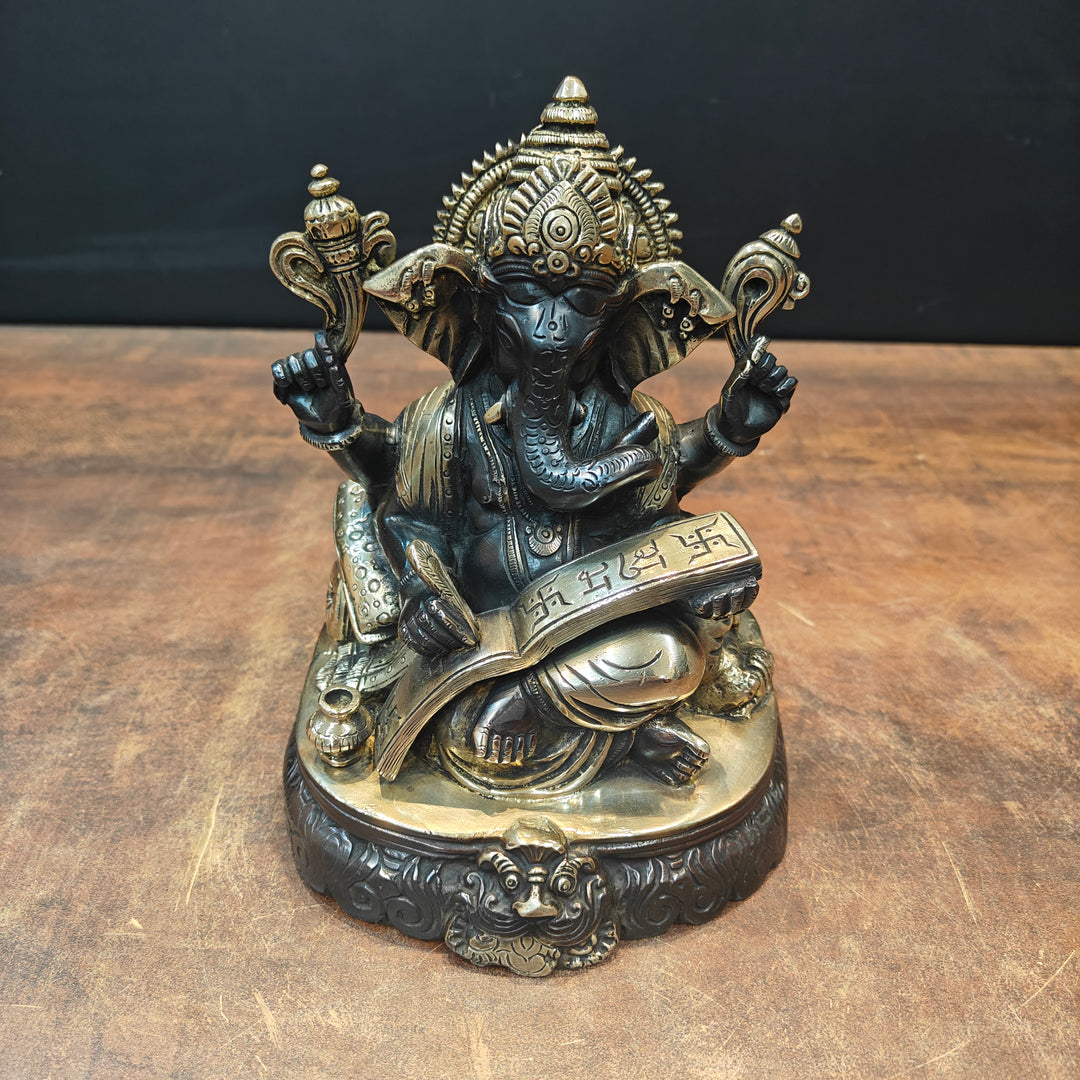 Brass Lord Ganesha Statue Writing Mahabharata Black Gold Finish 8 Inch