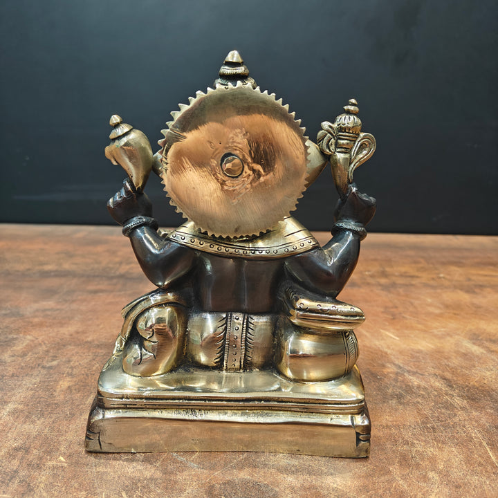 Brass Lord Ganesha Statue Writing Mahabharata Black Gold Finish 8 Inch