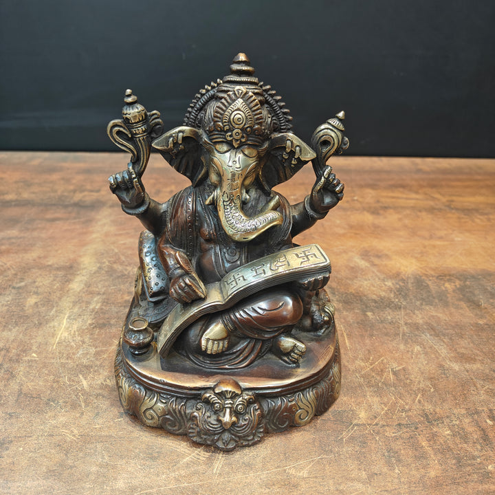 Brass Lord Ganesha Statue Writing Mahabharata Antique Finish 8 Inch