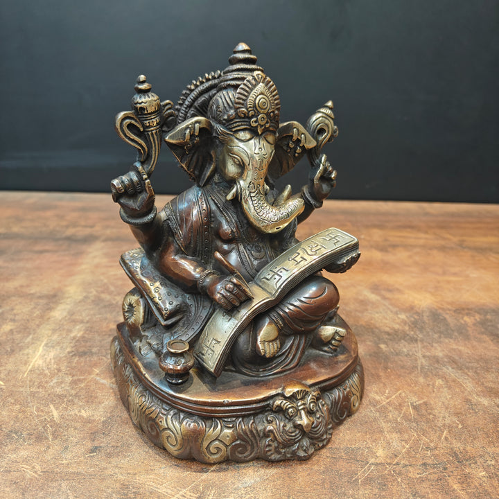 Brass Lord Ganesha Statue Writing Mahabharata Antique Finish 8 Inch