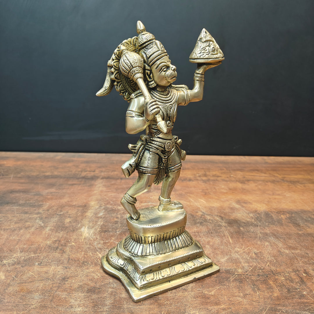 Brass Hanuman Idol Carrying Mountain 10 Inch