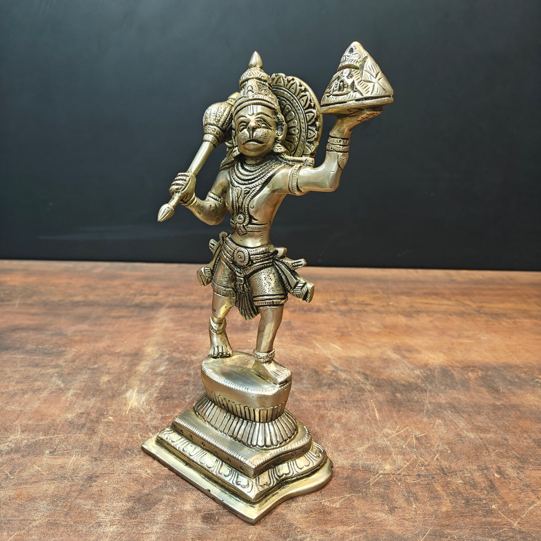 Brass Hanuman Idol Carrying Mountain 10 Inch