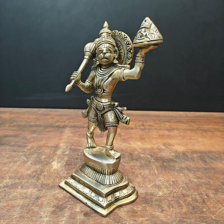 Brass Hanuman Idol Carrying Mountain 10 Inch