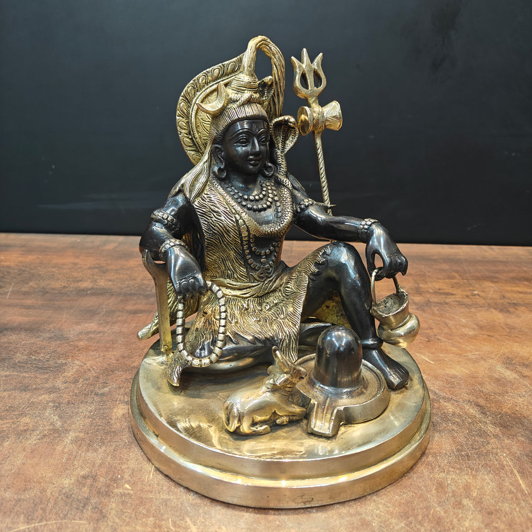 Brass Lord Shiva Idol With Nandi & Shiv Ling Black Gold Finish 9 Inch
